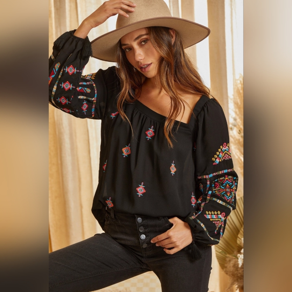 Savanna Jane Black Blouse with Colorful Embroidery - Picture 2 of 10